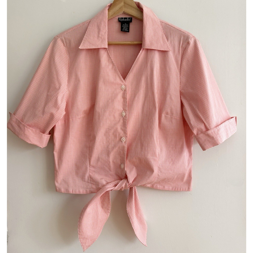 Rafaella Gingham Check Tie Front Cropped Button-Up Shirt Size 10 V-neck Retro
